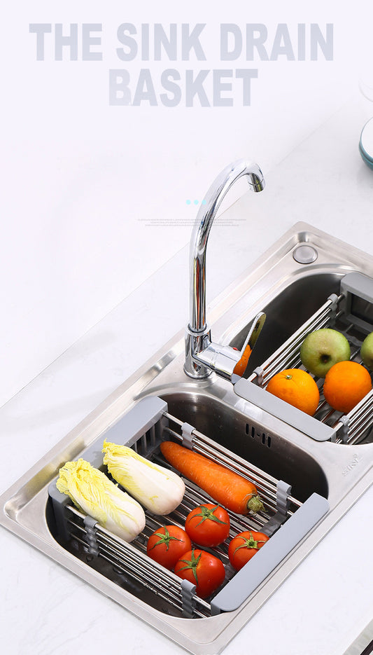 Stainless steel sink draining basket retractable draining rack kitchen vegetable basin fruit basin draining rack draining bowl rack shelf